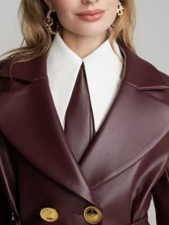 Hot Retro Stage 1950s Faux Leather Double-Breasted Coat Dark Brown
