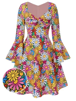 Clearance Retro Stage 1960s Flare Sleeve Colorful Daisy Dress Multicolor