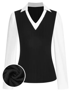 Online Retro Stage 1940s Fleece Long-Sleeved V-Neck Ptachwork Blouse Black