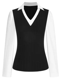Online Retro Stage 1940s Fleece Long-Sleeved V-Neck Ptachwork Blouse Black