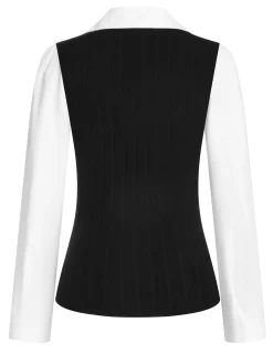Online Retro Stage 1940s Fleece Long-Sleeved V-Neck Ptachwork Blouse Black