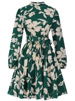 Clearance Retro Stage 1940s Floral Belted Pleated Dress