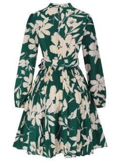 Clearance Retro Stage 1940s Floral Belted Pleated Dress