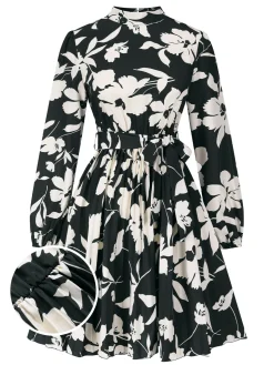 Clearance Retro Stage 1940s Floral Belted Pleated Dress