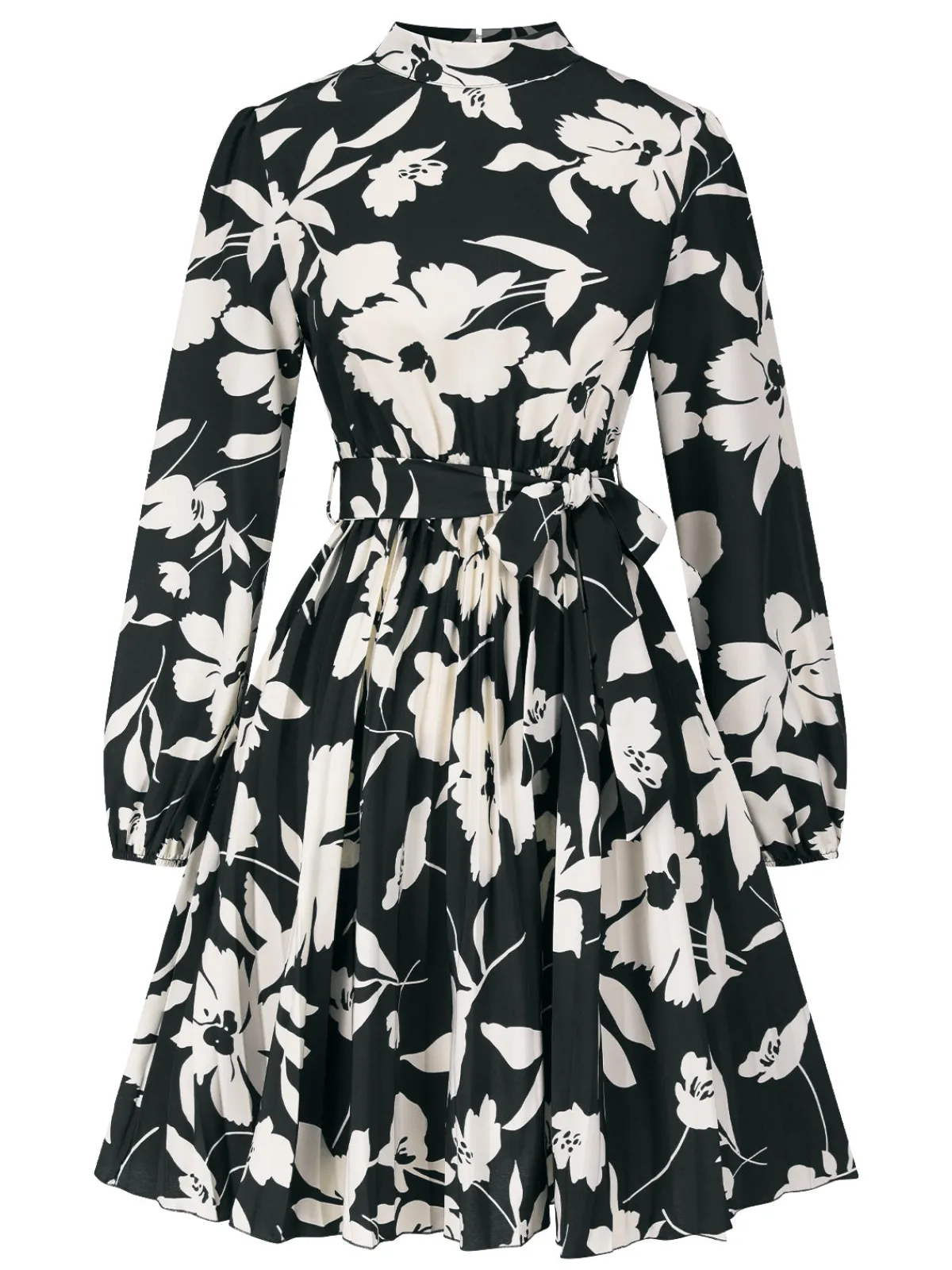 Clearance Retro Stage 1940s Floral Belted Pleated Dress