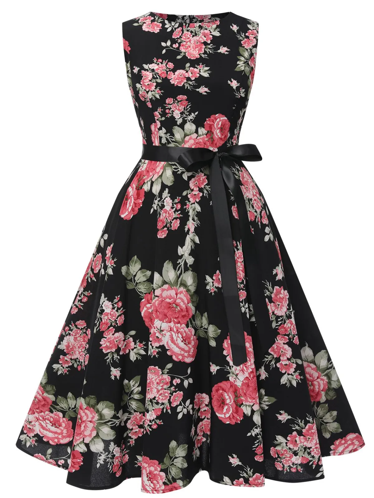 Outlet Retro Stage 1950s Floral Bow Belt Vintage Dress