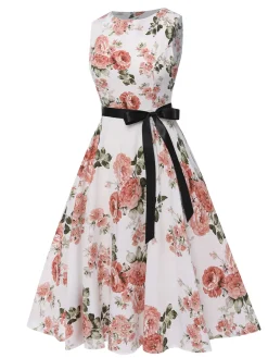 Outlet Retro Stage 1950s Floral Bow Belt Vintage Dress
