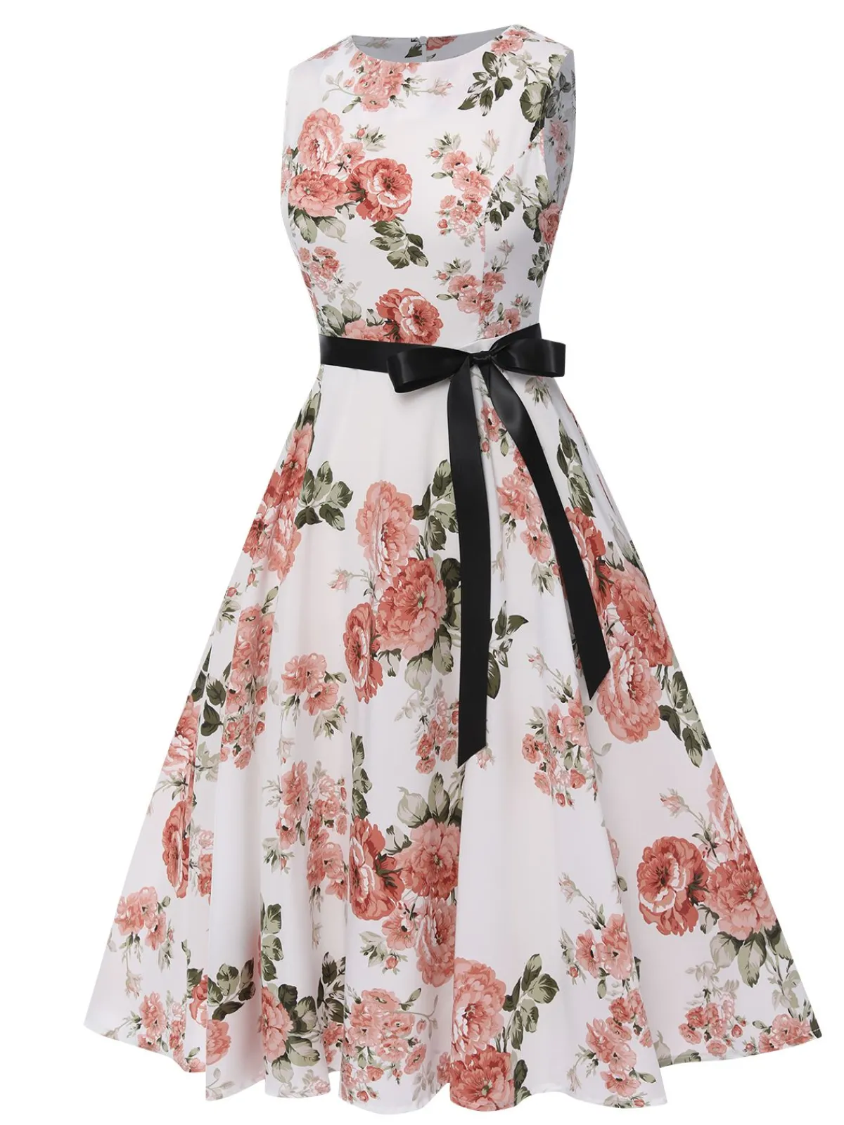 Outlet Retro Stage 1950s Floral Bow Belt Vintage Dress