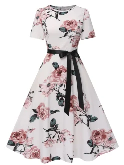 Clearance Retro Stage 1950s Floral Bow Short Sleeve Swing Dress