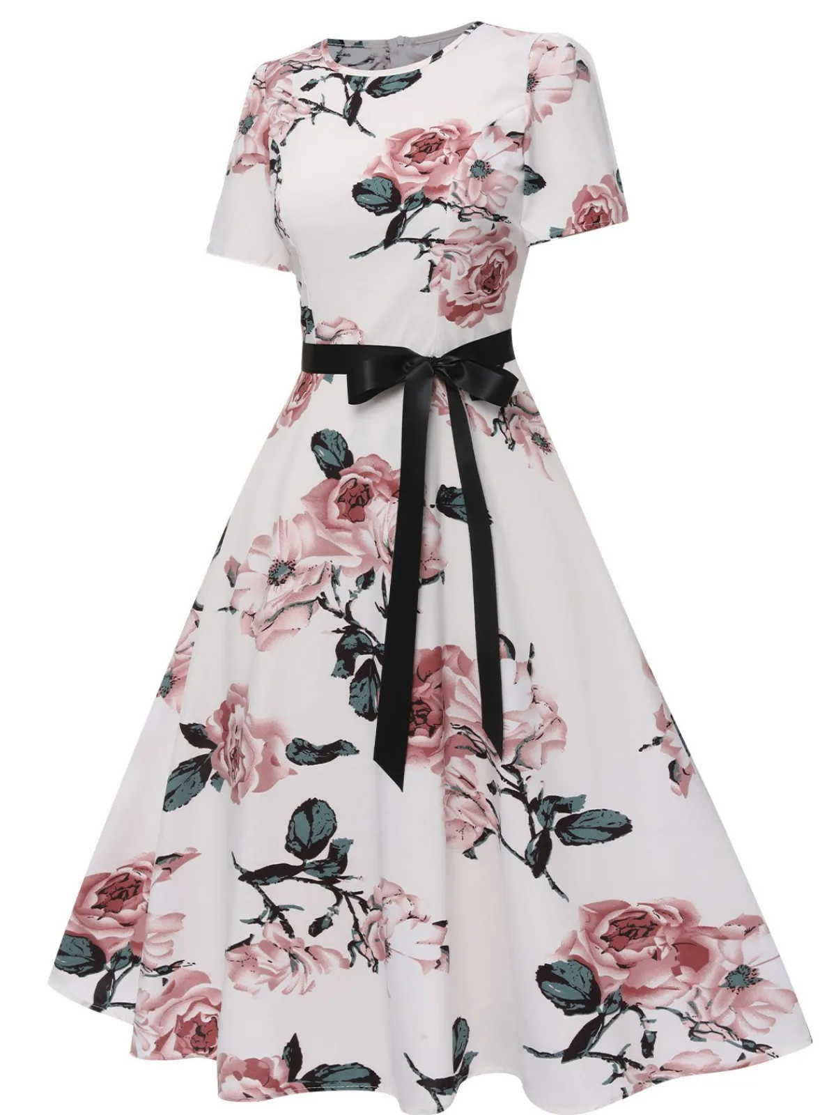 Clearance Retro Stage 1950s Floral Bow Short Sleeve Swing Dress