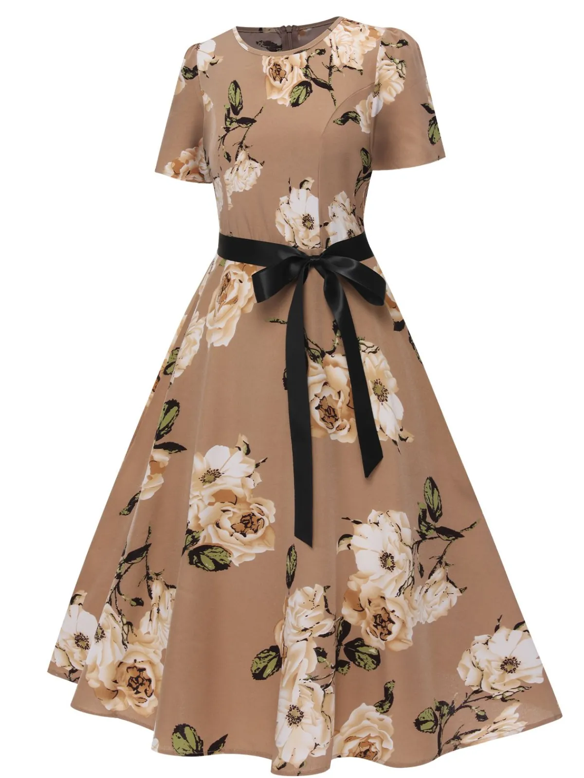 Clearance Retro Stage 1950s Floral Bow Short Sleeve Swing Dress