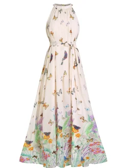 Hot Retro Stage 1930s Floral Butterfly Vintage Maxi Dress Beige
