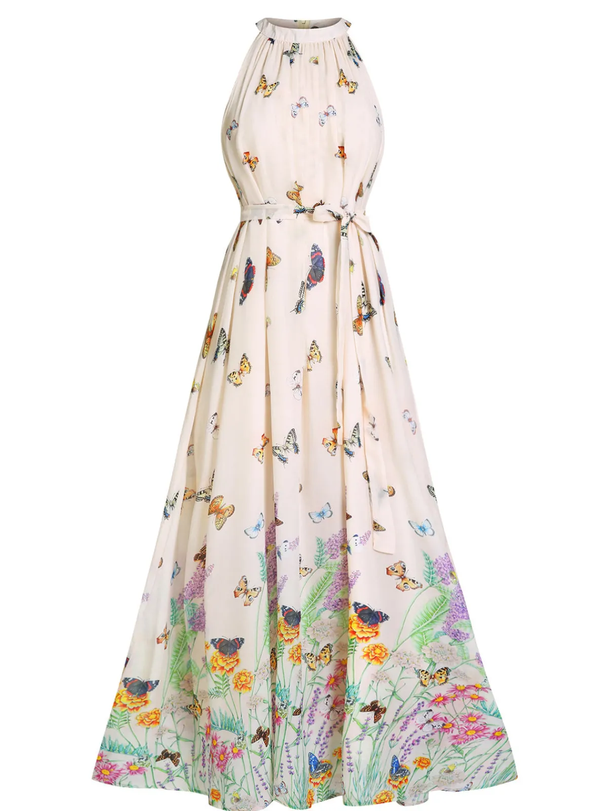 Hot Retro Stage 1930s Floral Butterfly Vintage Maxi Dress Beige