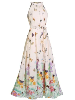 Hot Retro Stage 1930s Floral Butterfly Vintage Maxi Dress Beige