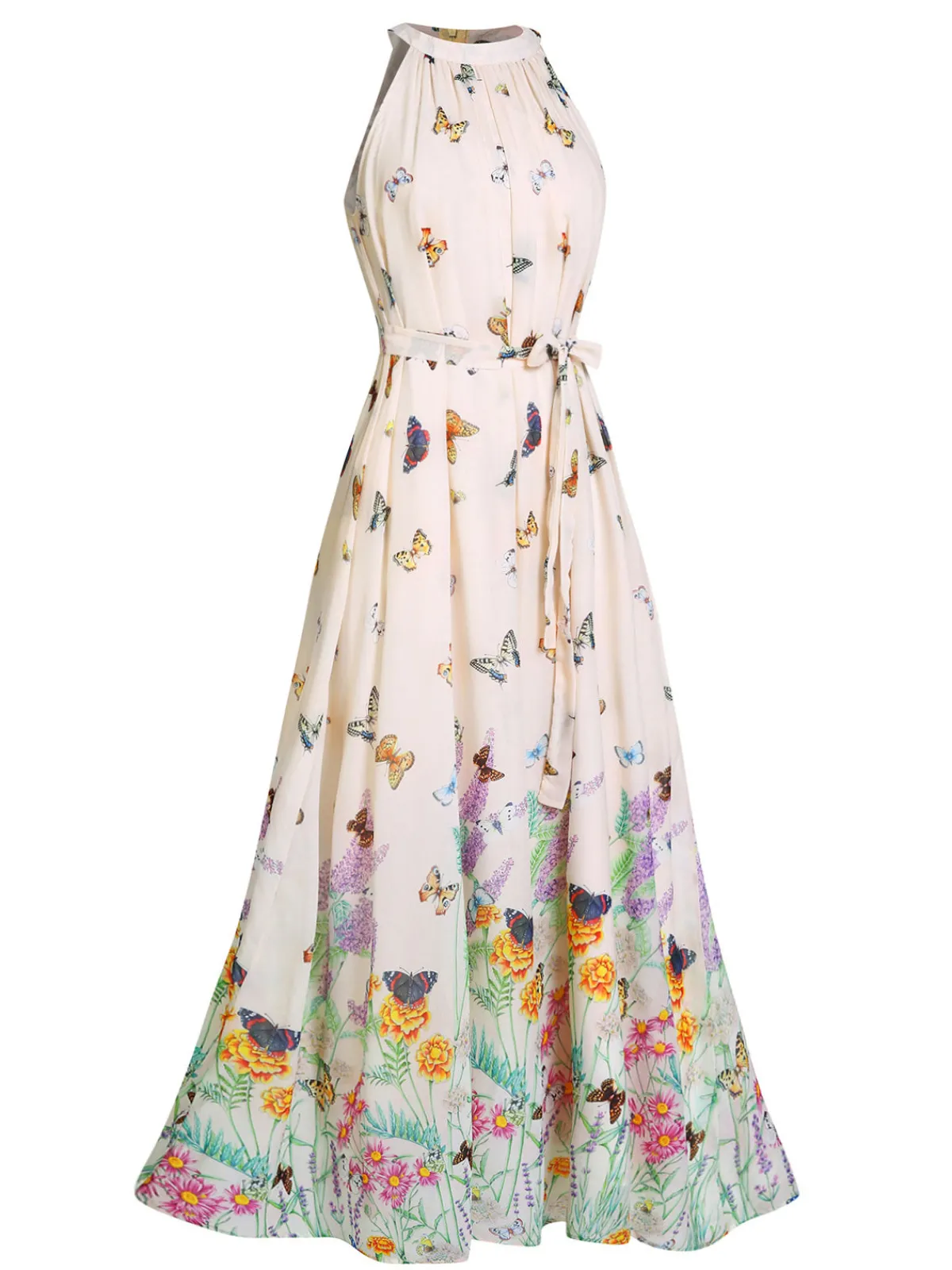 Hot Retro Stage 1930s Floral Butterfly Vintage Maxi Dress Beige
