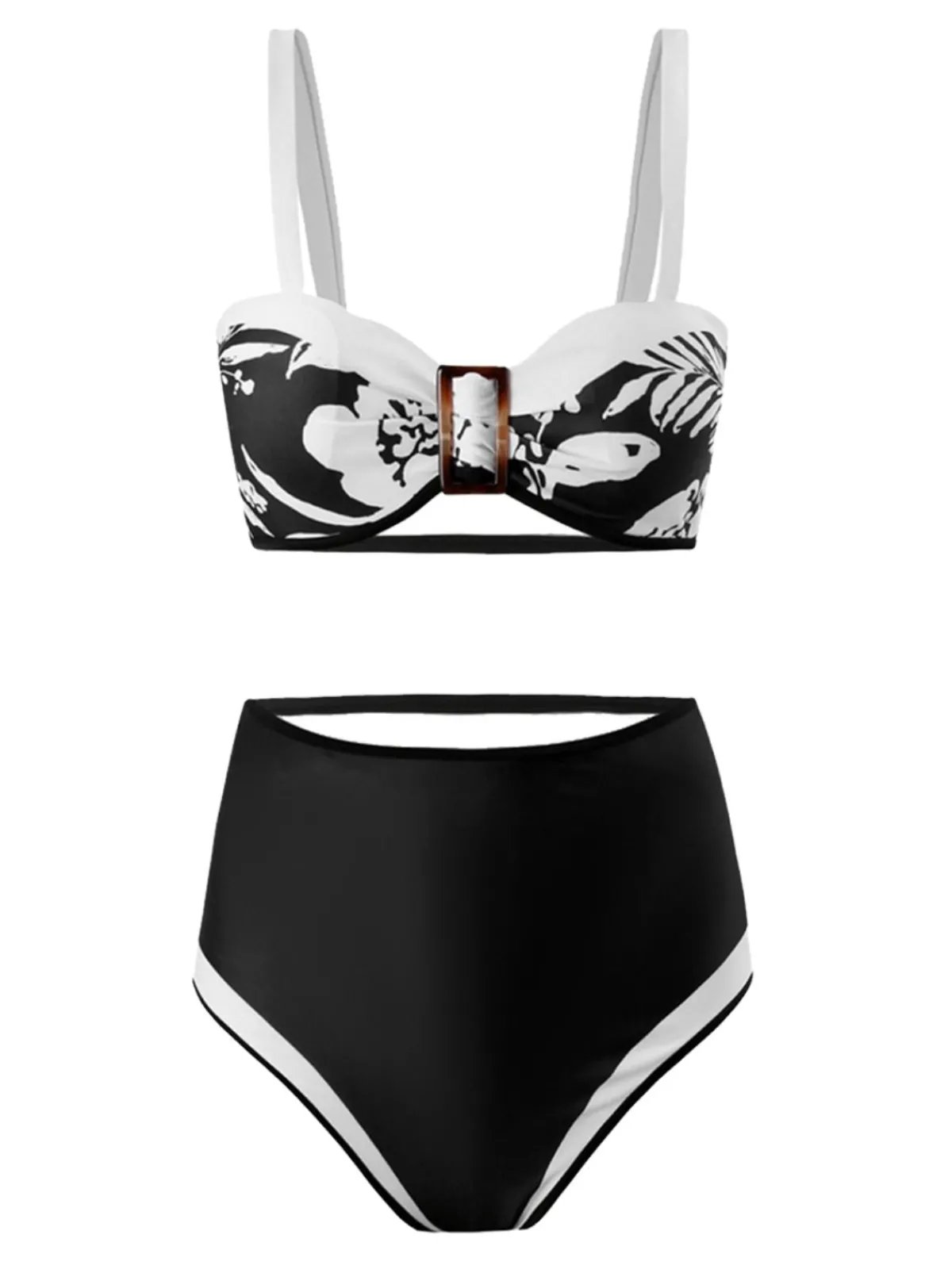 New Retro Stage 1940s Floral Contrast Patchwork Strap Swimsuit Black