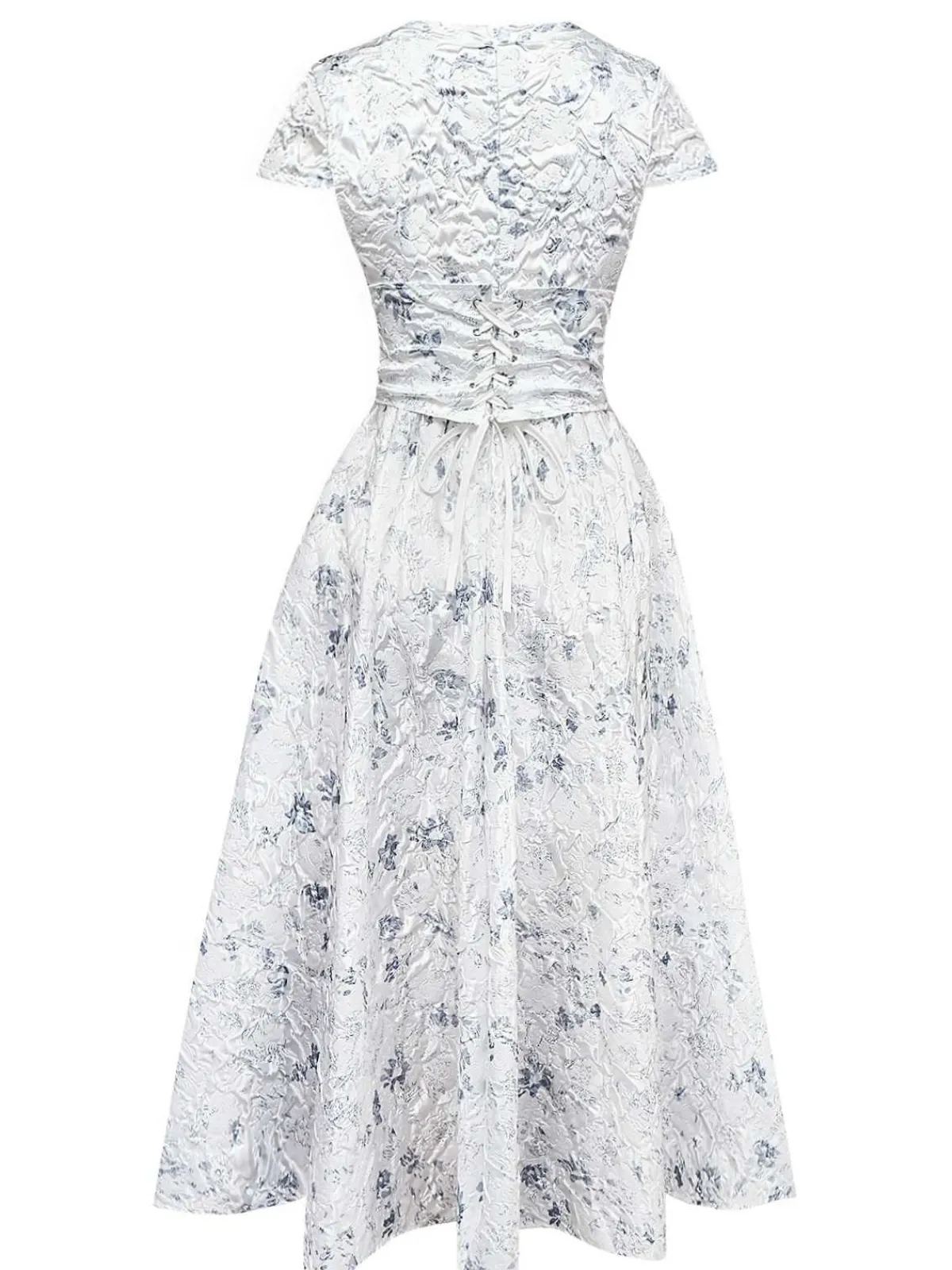 Best Retro Stage 1940s Floral Crinkle-Jacquard Waistband Dress White