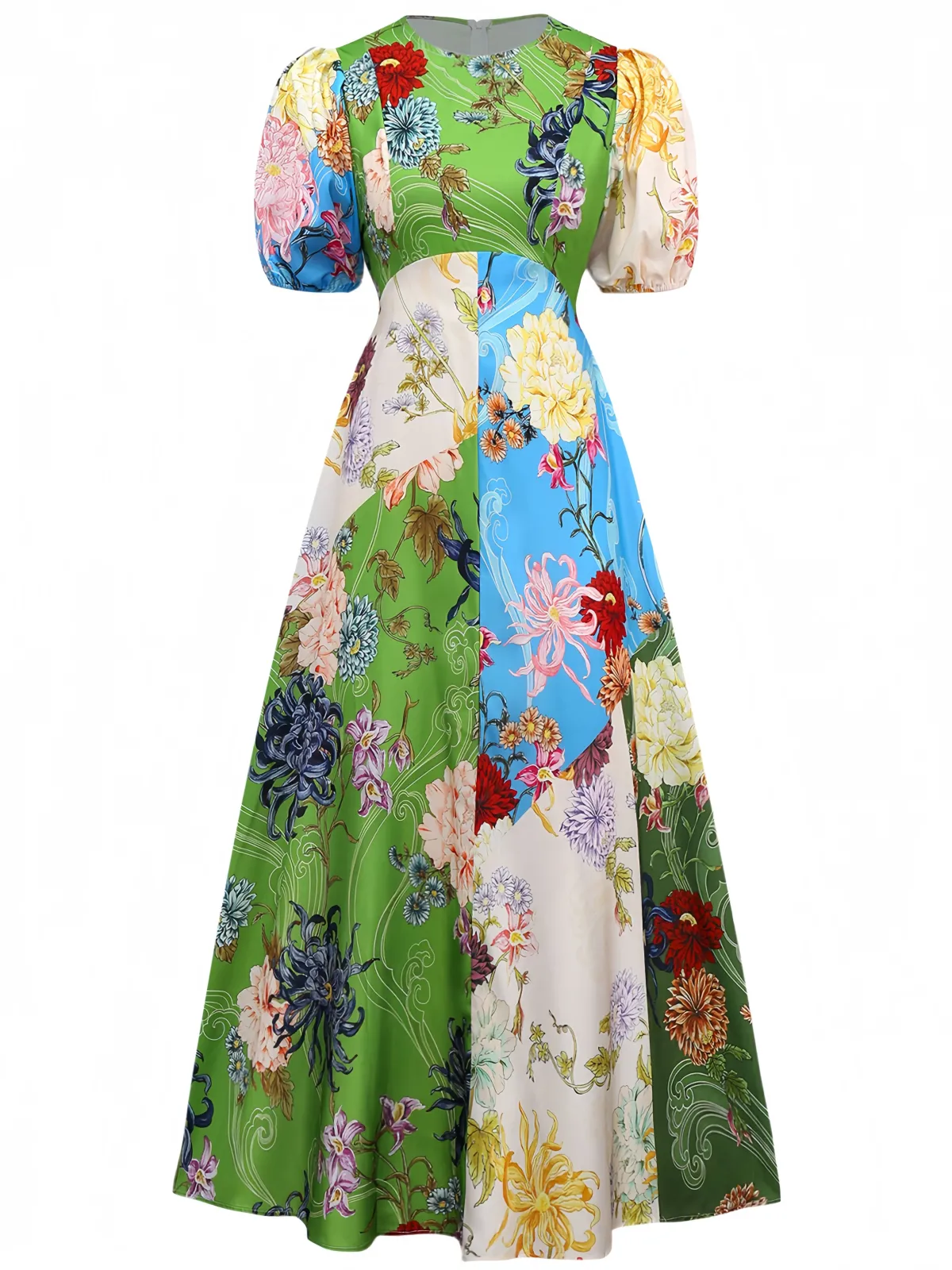 Online Retro Stage 1940s Floral Doodle Puff Sleeve Dress Green