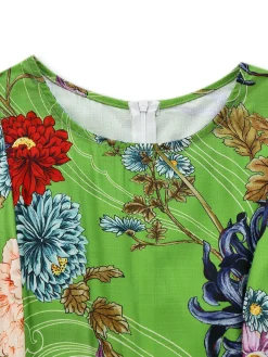 Online Retro Stage 1940s Floral Doodle Puff Sleeve Dress Green
