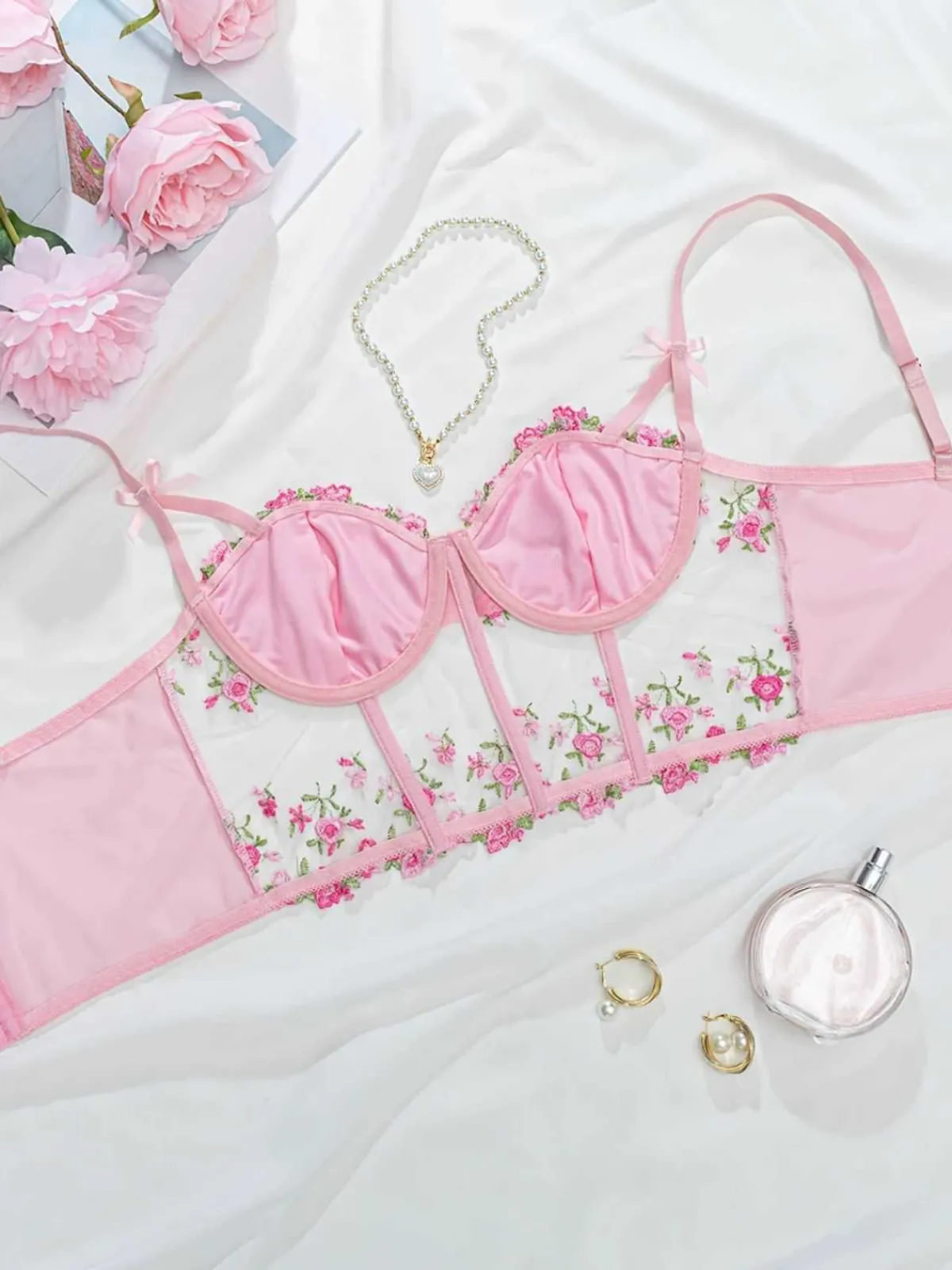 Online Retro Stage 1960s Floral Embroidered Bow Underwire Lingerie