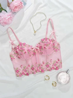 Online Retro Stage 1960s Floral Embroidered Bow Underwire Lingerie