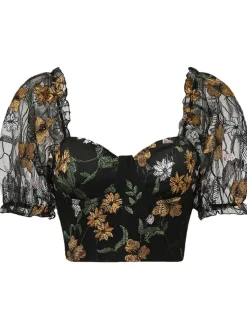 Hot Retro Stage 1960s Floral Embroidered Mesh Puff-Sleeve Crop Top Black