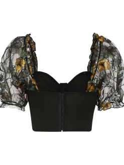 Hot Retro Stage 1960s Floral Embroidered Mesh Puff-Sleeve Crop Top Black
