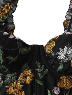 Hot Retro Stage 1960s Floral Embroidered Mesh Puff-Sleeve Crop Top Black