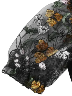 Hot Retro Stage 1960s Floral Embroidered Mesh Puff-Sleeve Crop Top Black
