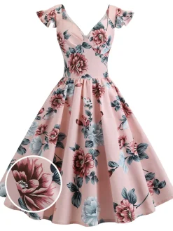 Fashion Retro Stage 1950s Floral Flare Sleeve Swing Dress