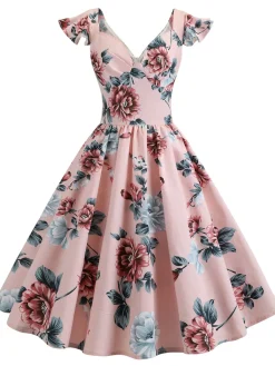 Fashion Retro Stage 1950s Floral Flare Sleeve Swing Dress