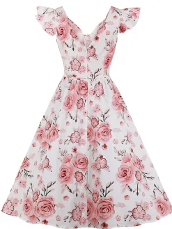 Fashion Retro Stage 1950s Floral Flare Sleeve Swing Dress