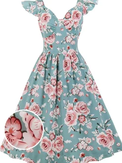 Outlet Retro Stage 1950s Floral Flare Sleeve Swing Dress