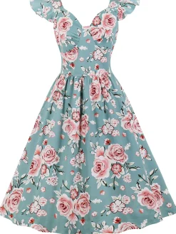 Outlet Retro Stage 1950s Floral Flare Sleeve Swing Dress