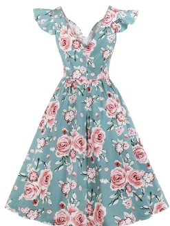 Outlet Retro Stage 1950s Floral Flare Sleeve Swing Dress