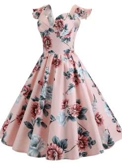 Outlet Retro Stage 1950s Floral Flare Sleeve Swing Dress