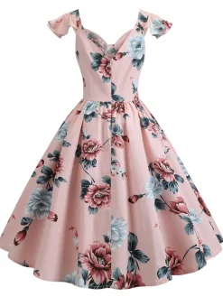 Outlet Retro Stage 1950s Floral Flare Sleeve Swing Dress