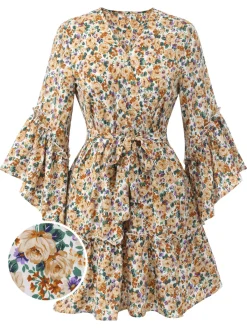 Discount Retro Stage 1960s Floral Flared Long Sleeve Dress With Belt Beige