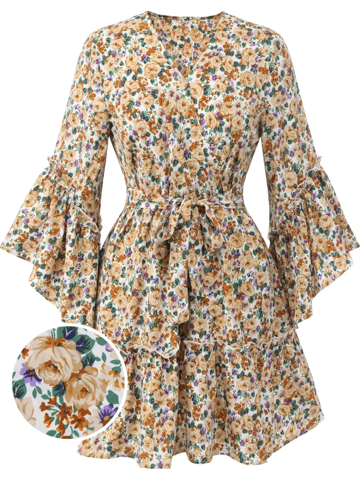 Discount Retro Stage 1960s Floral Flared Long Sleeve Dress With Belt Beige