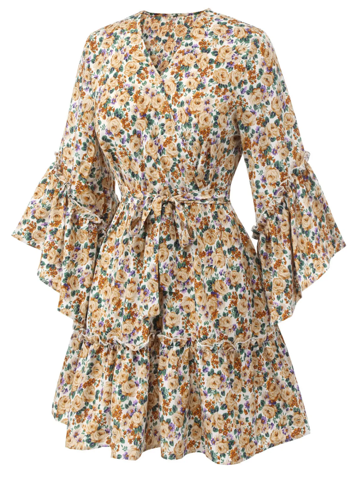 Discount Retro Stage 1960s Floral Flared Long Sleeve Dress With Belt Beige
