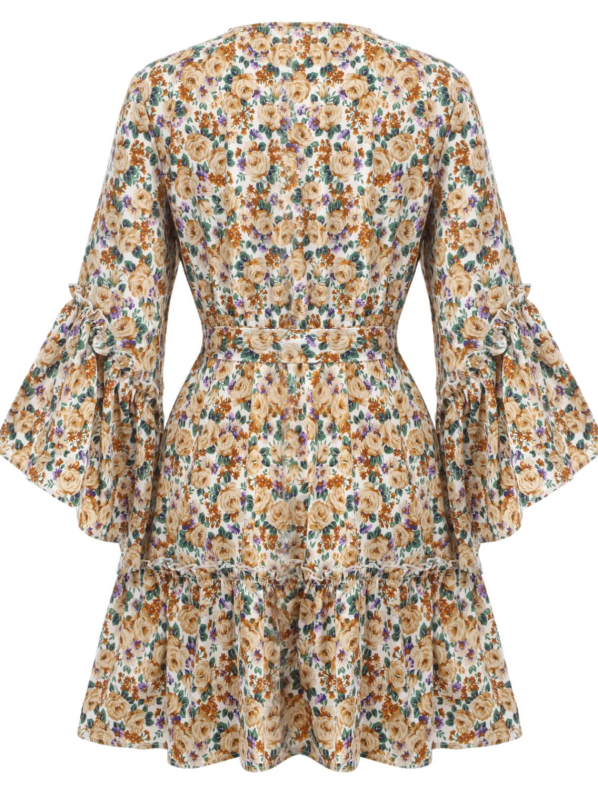 Discount Retro Stage 1960s Floral Flared Long Sleeve Dress With Belt Beige