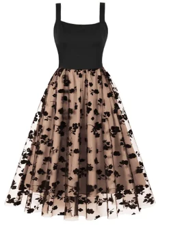 Hot Retro Stage 1950s Floral Flocked Mesh Swing Dress
