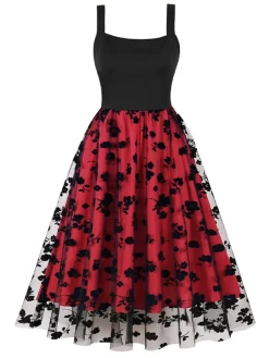 Hot Retro Stage 1950s Floral Flocked Mesh Swing Dress