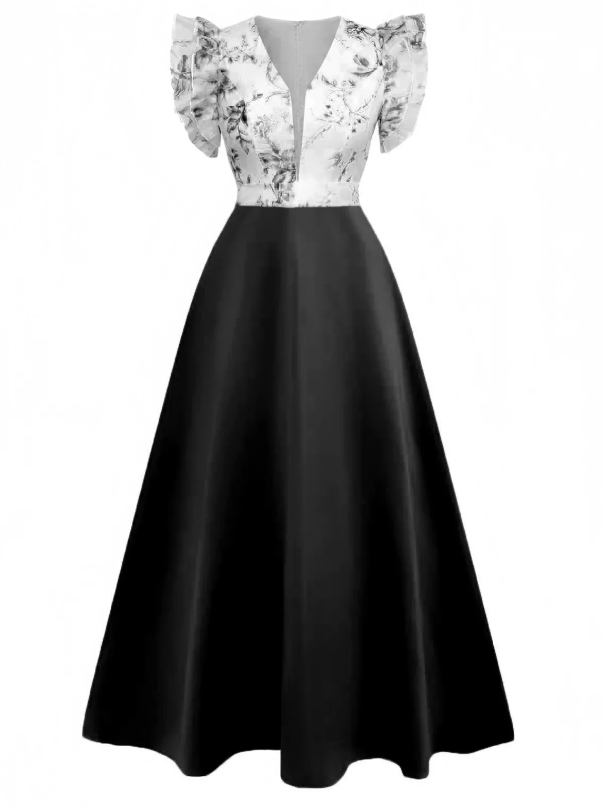 Online Retro Stage 1930s Floral Flounce Sleeve V-Neck Patchwork Dress