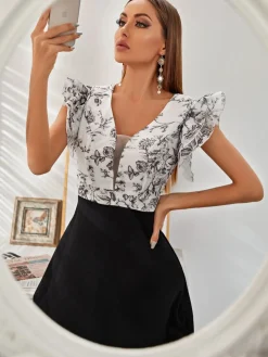 Online Retro Stage 1930s Floral Flounce Sleeve V-Neck Patchwork Dress