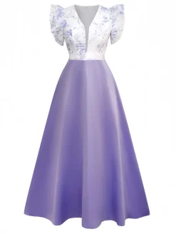 Online Retro Stage 1930s Floral Flounce Sleeve V-Neck Patchwork Dress