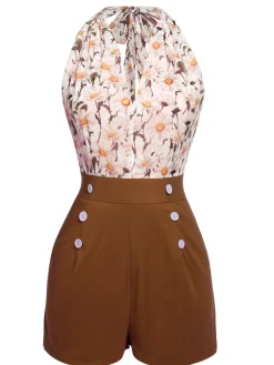 Clearance Retro Stage 1950s Floral Halter Button Lace-up Romper