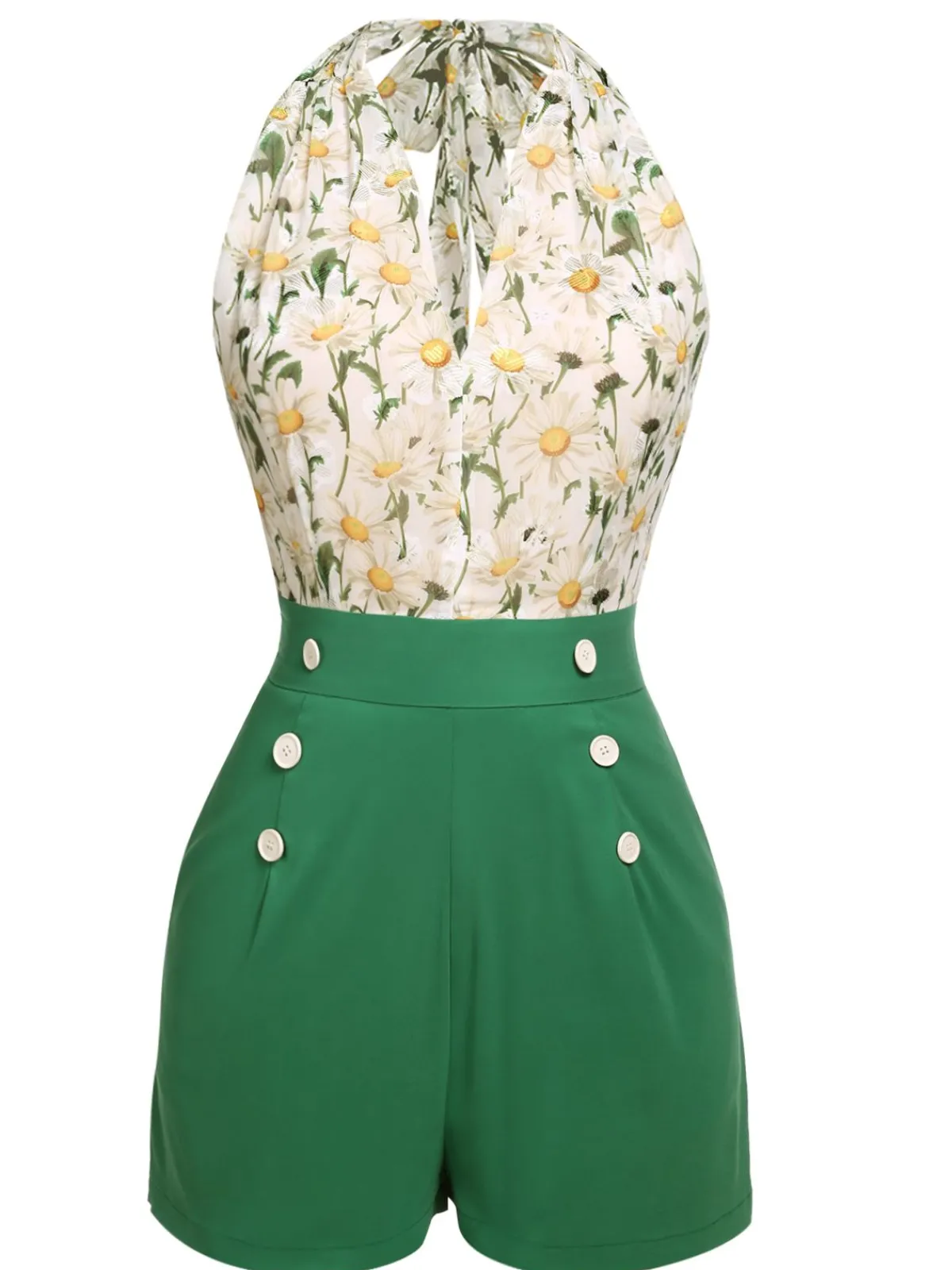 Clearance Retro Stage 1950s Floral Halter Button Lace-up Romper