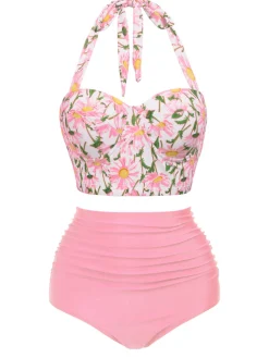 Online Retro Stage 1950s Floral Halter Lace-up Bikini Set