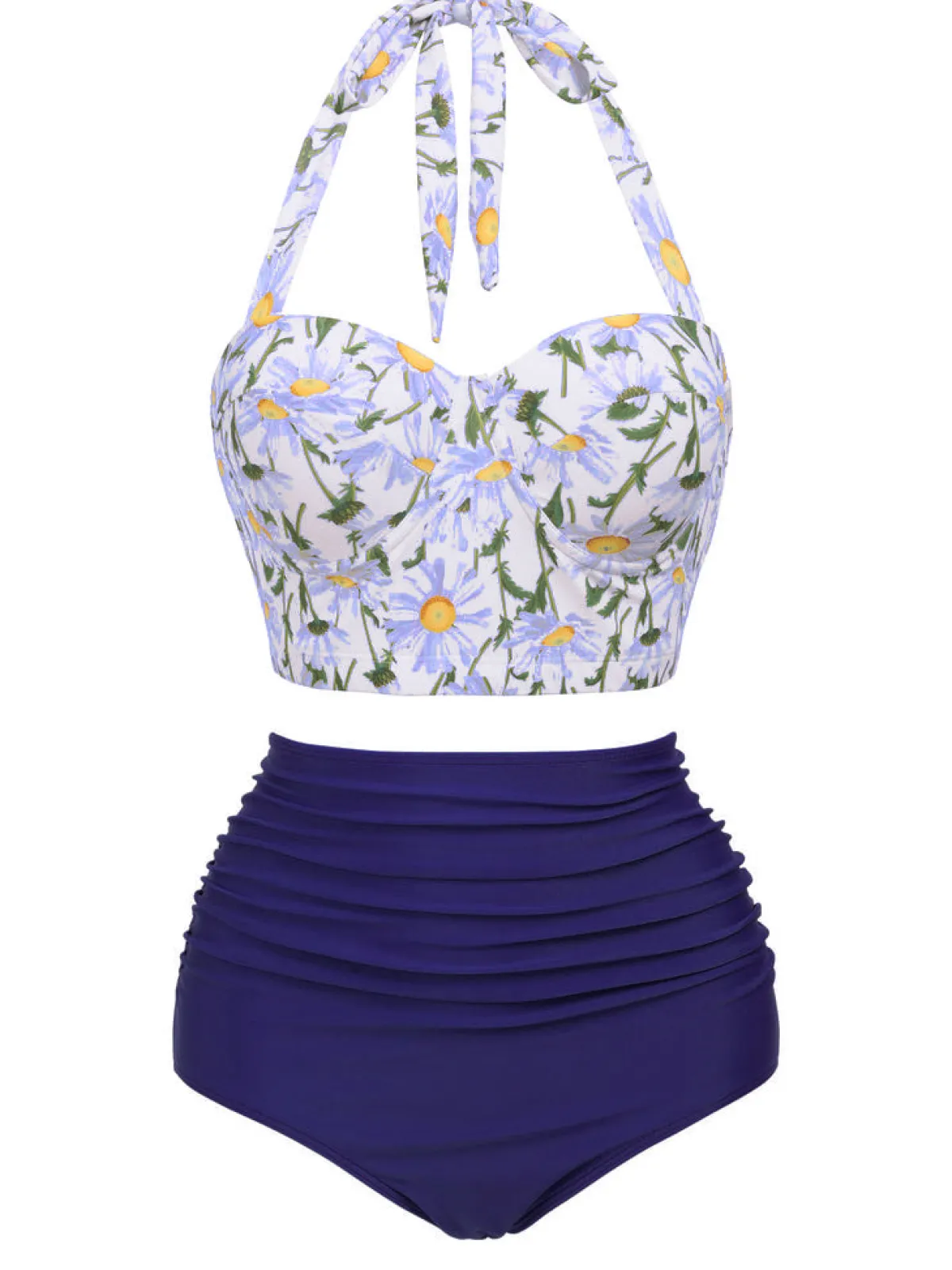 Online Retro Stage 1950s Floral Halter Lace-up Bikini Set